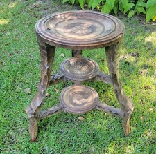 Vintage African Carved Wooden Table Plant Stand 3 Tier Primitive Joinery Boho picture