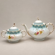 Antique RS Prussia Teapot Sugar Bowl Lid Floral Petite Porcelain Gold c1900 picture