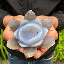 235G Natural Agate Geode Carved Lotus Flower, Hand Carved Healing Crystal Home picture