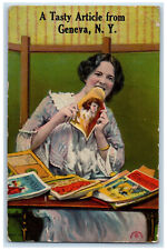 1912 Woman Biting Book A Tasty Article from Geneva New York NY Postcard picture