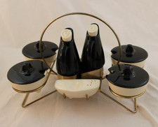 Mid Century Vtg Shawnee Kenwood Saucy Susan Condiment Set w/ Caddy Black 15 Pc. picture