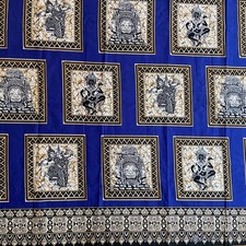 Cambodian Apsara Bayon Face Batik Style Blue Cotton Sarong Fabric 2 Yds x 41