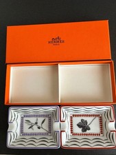 HERMES Mini Ashtray Set Of 2 Purple Red Mini Tray Porcelain Rectangle W/Box picture