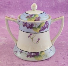 TS Nippon Sugar Bowl Purple Floral Vintage Covered Lidded Blue White Gold Trim picture