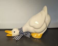 Vintage White Ceramic Goose Duck Figurine with Blue Bow, Pre-Owned picture