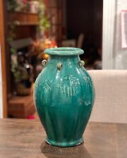 1950s - Vintage vase handmade beautiful engraved antique green glazed  16 inches picture