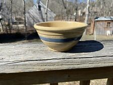 Antique Yellow Ware Pottery Stoneware Mixing Bowl With Blue Stripe 6