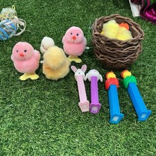 Easter Decor Toy Lot Bunny Chick Candy Dispensers Fuzzy Wind Up Chicks Nest picture