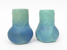 Artus Van Briggle Pair of Onion Bulb Ceramic Blue Green Vases 4.5