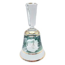 Vintage Green Gold Etched Bohemian Czechoslovakian Glass Bell Hand Bell Floral picture