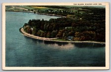 Winona Lake, IN, Island View, Aerial View, Shoreline, Vintage Postcard picture