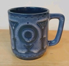 Vintage Stoneware Glazed Pottery Coffee Mug Blue White Floral Mottled Glaze MCM picture