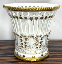 Vintage MOTTAHEDEH Italy Reticulated White & Gold Porcelain Cachepot  picture