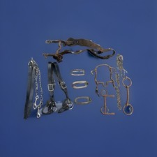 Vintage Antique Horse Tack Lot Leather Harness Halter Rusty Snaffle Chain Bits picture