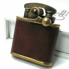 Colibri oil lighter antique Brass barrel / Brown leather leather wrapped engine  picture