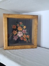 Vintage 1970s Bread Dough Flower Rose Shadow Box Art Framed 11.5x11.5 Kitsch picture