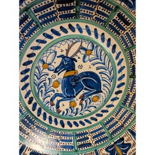 Hand Painted Ceramic Deep Bowl Blue Deer Stag Majolica Style Blue Green Signed picture
