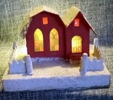 Large Vintage Putz Mica House Red Church Cathederal Windows Coconut Floss Snow picture