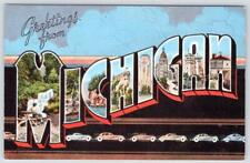 1940's GREETINGS FROM MICHIGAN VINTAGE LARGE LETTER LINEN POSTCARD picture