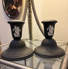 Price Drop  Wedgwood Jasperware Black w/ White 4.5”Candle Holders Flawless picture