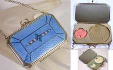 Vtg EAM Elgin Art Deco Blue Guilloche Enamel Floral Makeup Powder Compact Purse picture