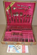 Vintage MID-CENTURY THAILAND  BRASS/TEAK 51PC (service for 8) FLATWARE SET w/BOX picture