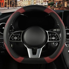 Binsheo Black Burgundy Microfiber Leather D Shaped Steering Wheel Cover picture