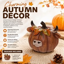 1x Autumn Highland Cow Pumpkin Figurine Fall Harvest Farmhouse Tabletop Ornament picture