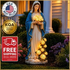 Virgin Mary Garden Light, Mary Statue With LED Glowing Roses Resin Blessed Decor picture