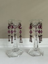 Vintage Crystal Glass Candlestick Holders W/Amethyst Purple Prisms 7.5”Pair picture