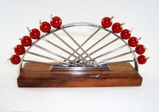French Art Deco Chrome & Wood 12 Red Cherries Appetizer Cocktail Pick Holder Set picture