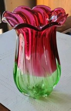 Vintage Teleflora Glass Vase Pink Cranberry & Lime Green Watermelon Fluted 7.5