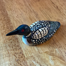 Painted Wood Loon Bird Figurine Decoy Style Black White Red Bird Decor picture