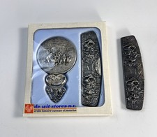 NOS Vintage Dutch Village Silver Plated Mirror Folding Comb Set + Extra Comb picture