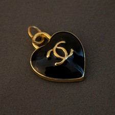 Chanel Button Black Heart Gold Logo Zipper Pull Charm 20mm Stamped picture