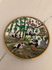 Signed Vintage Panda Flower & Bamboo Chinese Cloisonne Plate  Ename picture