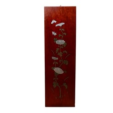Vintage Asian Chinese Red Lacquer Wood Wall Panel Metal Inlay Flowers MCM 8x26 picture