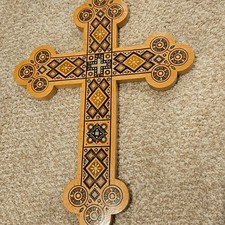 Vintage Intricate Inlaid Wooden Cross Handmade Mother of Pearl Beads Religious picture