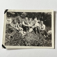 Antique Snapshot Group Photograph Beautiful Young Men & Women Sitting In Grass picture