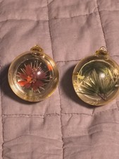 Vintage GOLDJewel Brite Plastic Flower Diorama Ball Christmas Ornaments Lot of 2 picture