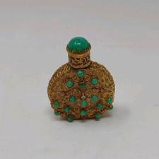 Antique Vintage Perfume Bottle Czech Filigree Green Jeweled Enameled  picture