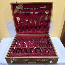 VTG. MID-CENTURY THAILAND BRONZE BRASS 90 pcs FLATWARE SILVERWARE SET IN BOX  picture
