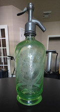 antique 1911 French Siphon Seltzer Bottle-Vivid Green Uranium Glass picture