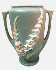 RARE VTG ART DECO ROSEVILLE MATTE GREEN FOXGLOVE POTTERY VASE #45-7 SIDE HANDLES picture