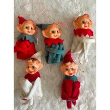Vintage Japan Knee Hugger Elf Christmas Ornaments 5pc Pixie Elves 50s 60s picture