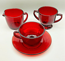 Royal Ruby Glass by Anchor Hocking Creamer & Open Sugar Bowl w/Cup & Saucer  picture