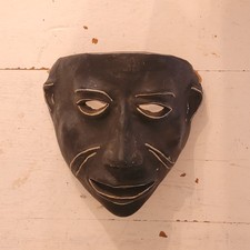 West Africa Blackened Clay Mask With Incised White Line Accents Circa 1900-1950 picture