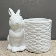 Vtg Ceramic Bunny Rabbit Planter 5.5” White Basket Weave Easter Trinket Holder picture