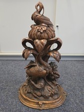 EXQUISITE ANTIQUE HAND CARVED BLACK FOREST SCULPTURE-BIRD SCENE-CANDLEHOLDER picture