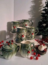 VTG 1960's Norcrest Green Iridescent Lusterware Holly & Berries Mugs Mint picture